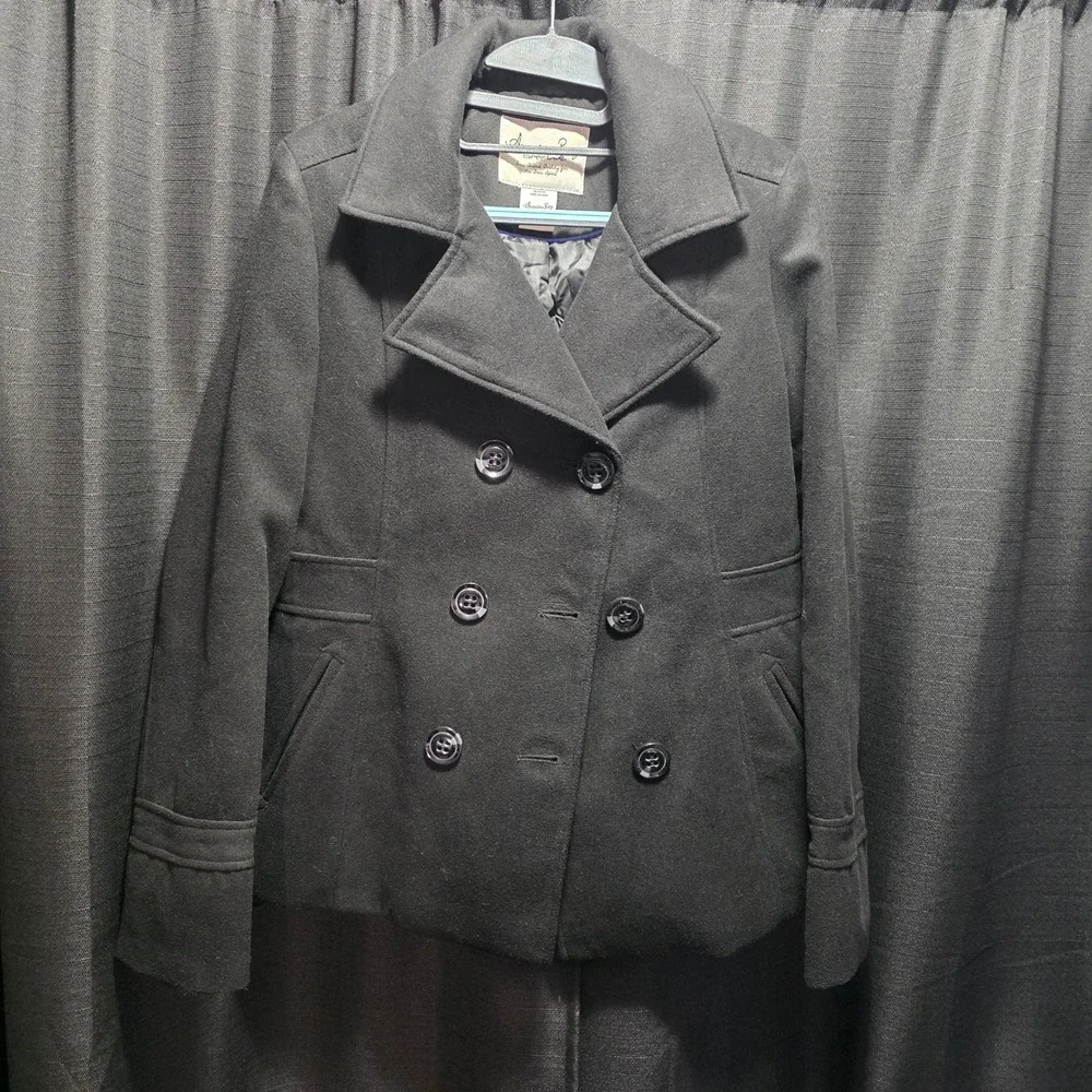 American Rag Cie Womens Black‎ Double Breasted Pea Coat Jacket Size L RN38843